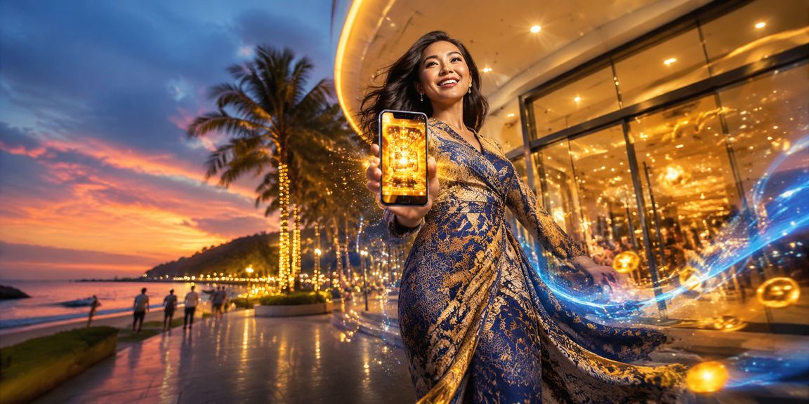 Pemain berpakaian batik Pulau Pinang menggunakan slot r100 pada mudah alih